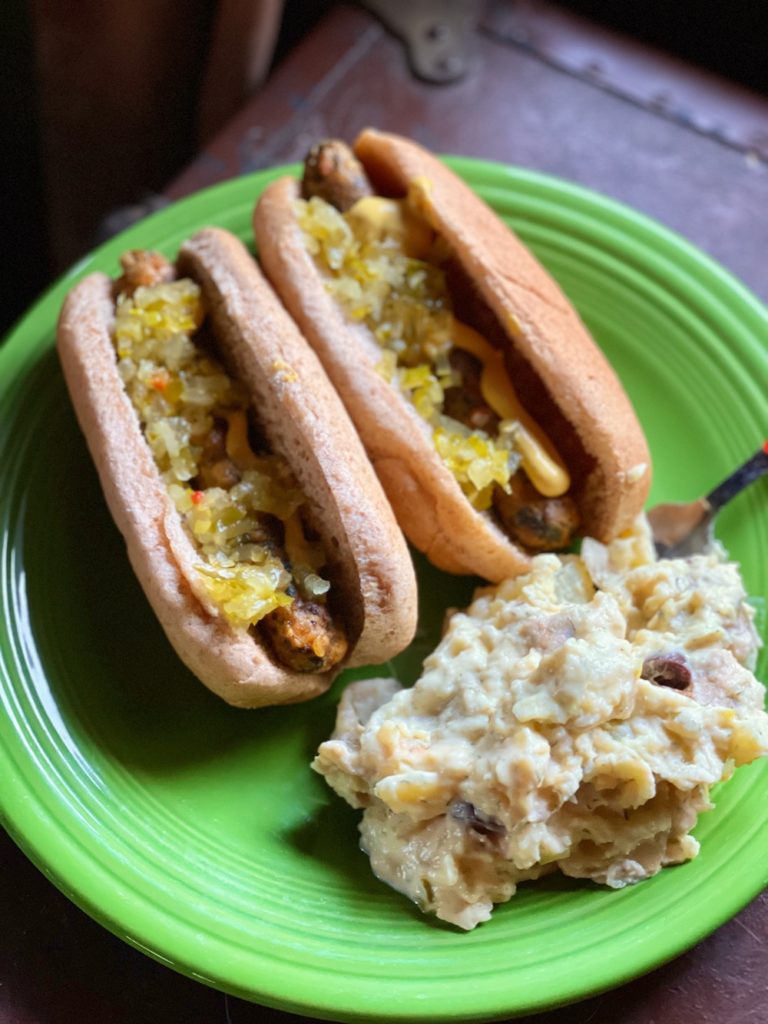 Vegan hot dogs and potato salad